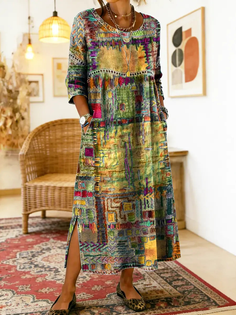 Manuela | Vestido Impreso con Patchwork Étnico