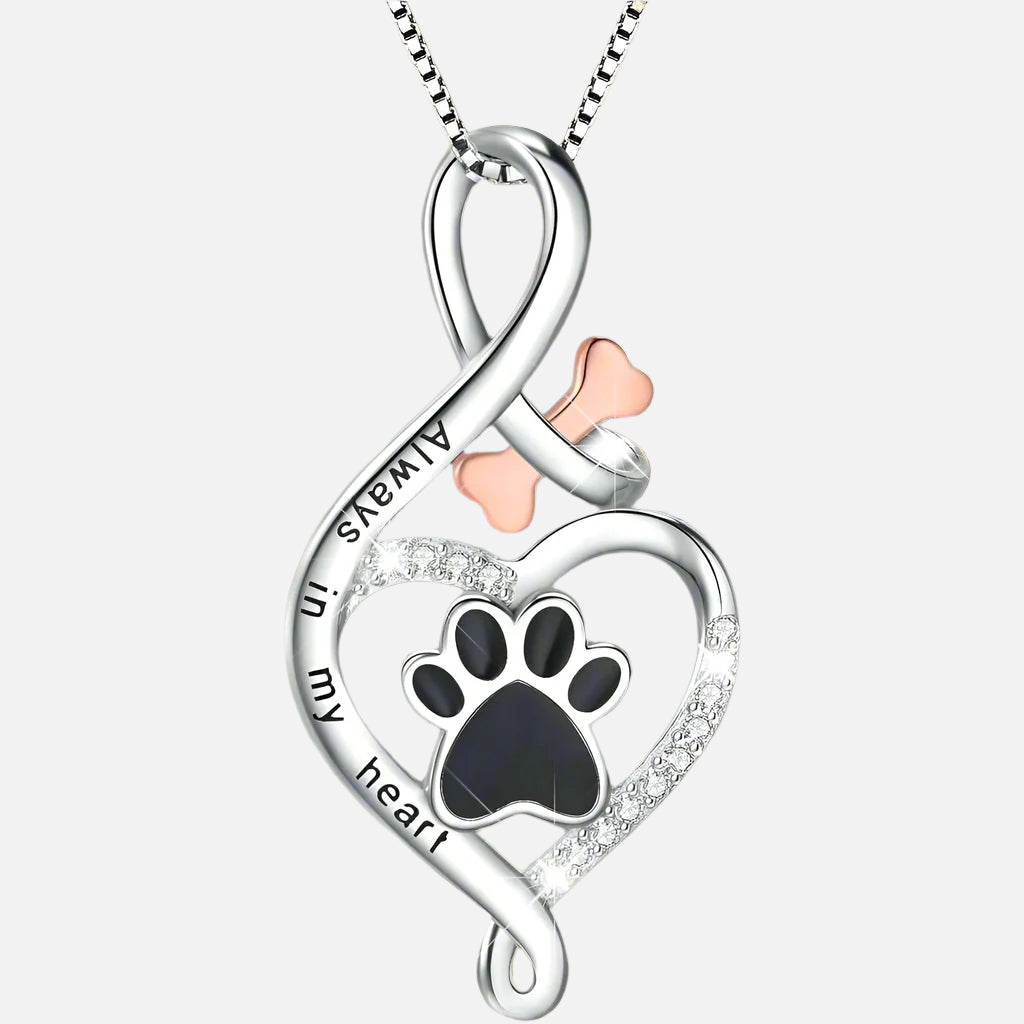 Collar Patita de la Suerte con Corazón, Hueso e Infinito – Pendiente “Siempre en Mi Corazón”