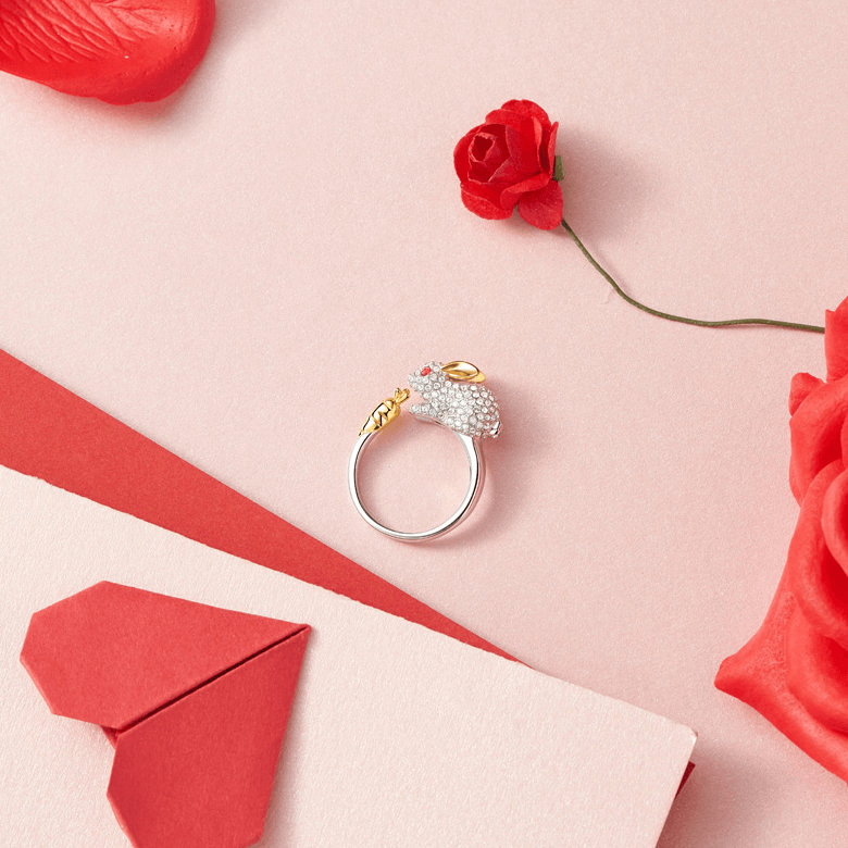 Anillo de Cristal de Conejo y Zanahoria Ajustable Único en Plata