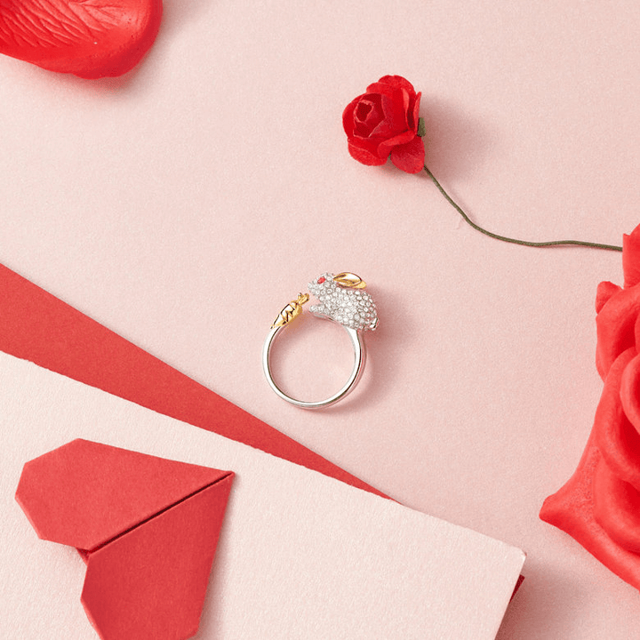 Anillo de Cristal de Conejo y Zanahoria Ajustable Único en Plata