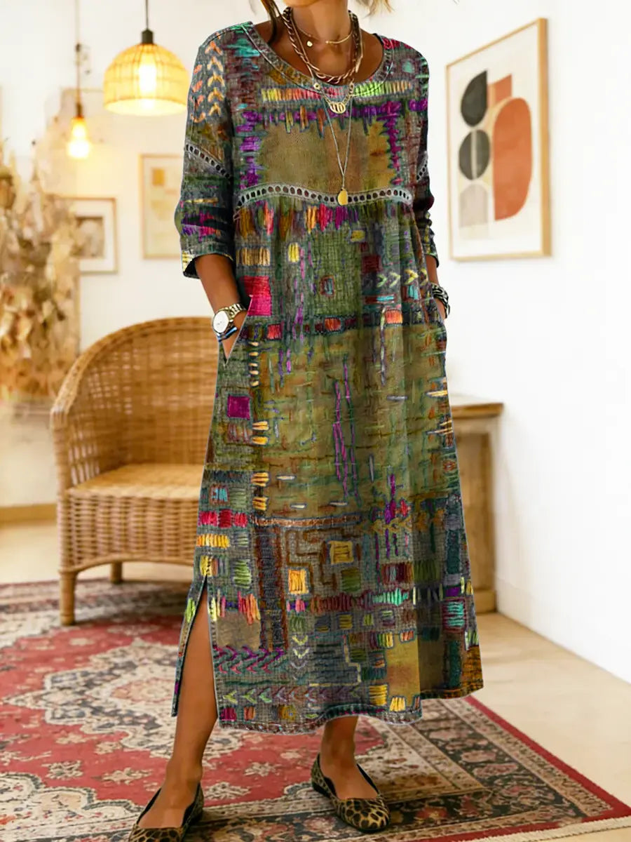 Manuela | Vestido Impreso con Patchwork Étnico