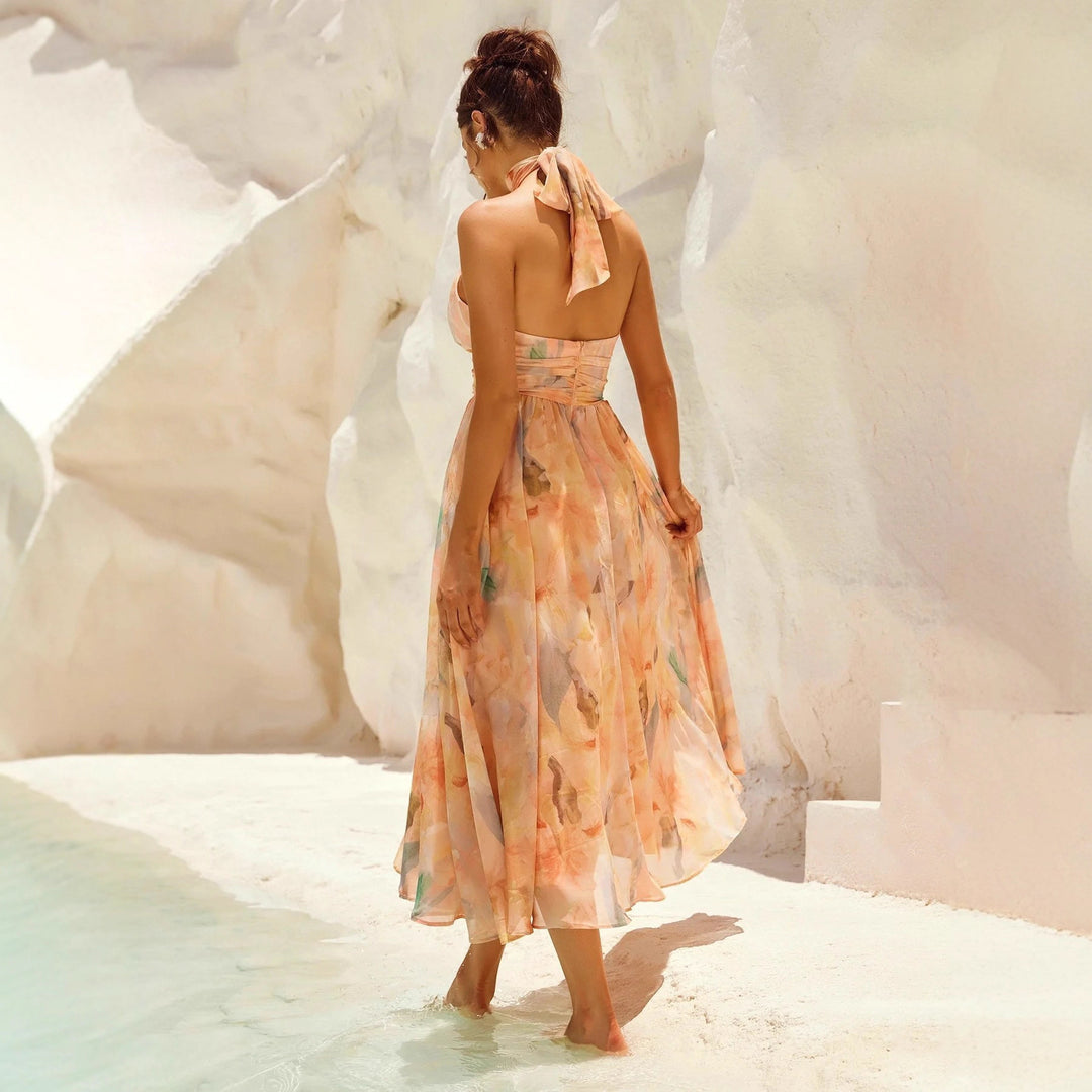 Esther | Vestido de Cuello Halter con Estampado de Acuarela