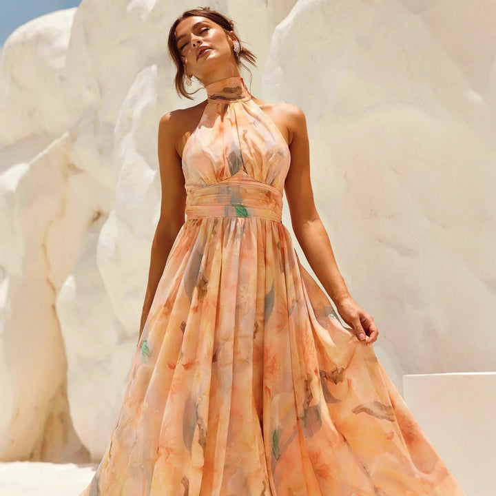 Esther | Vestido de Cuello Halter con Estampado de Acuarela