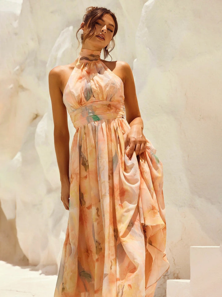 Esther | Vestido de Cuello Halter con Estampado de Acuarela