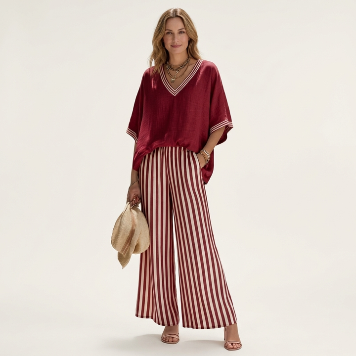 Juliana | Top de Varsity con Escote en V y Conjunto de Pantalones Anchos a Rayas