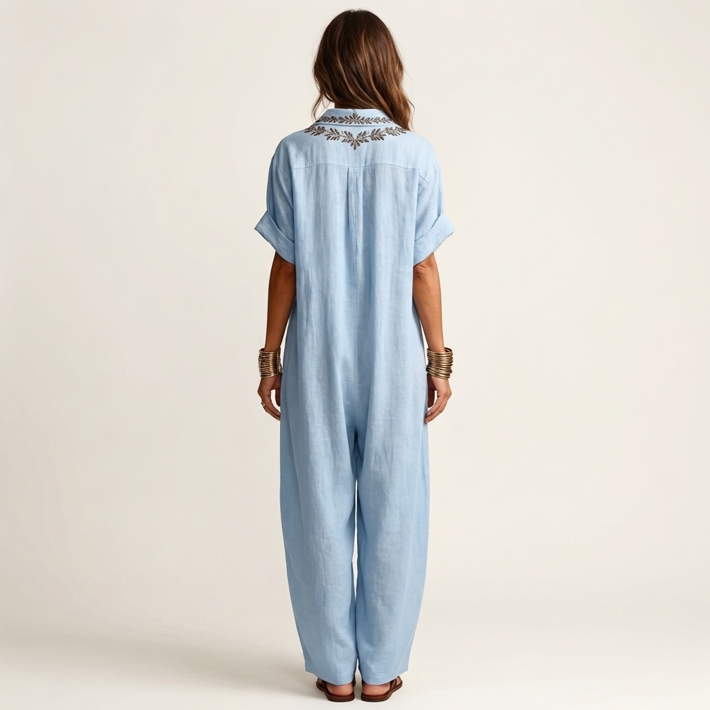 Amarina | Vestido Maxi de Lino con Cuello V Bordado
