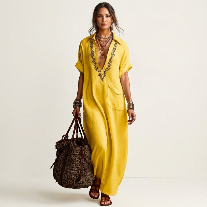 Amarina | Vestido Maxi de Lino con Cuello V Bordado