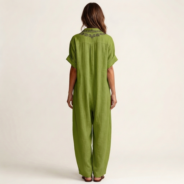 Amarina | Vestido Maxi de Lino con Cuello V Bordado