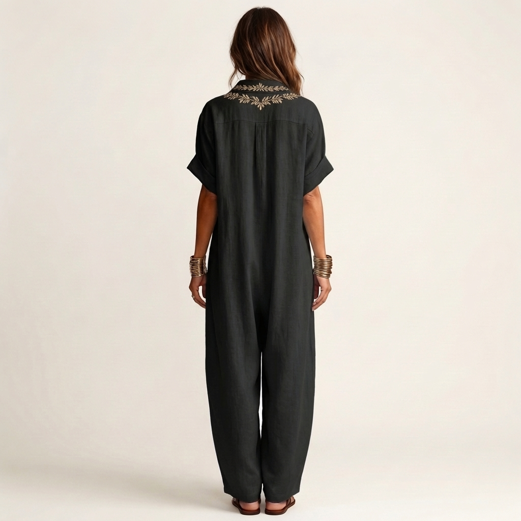 Amarina | Vestido Maxi de Lino con Cuello V Bordado