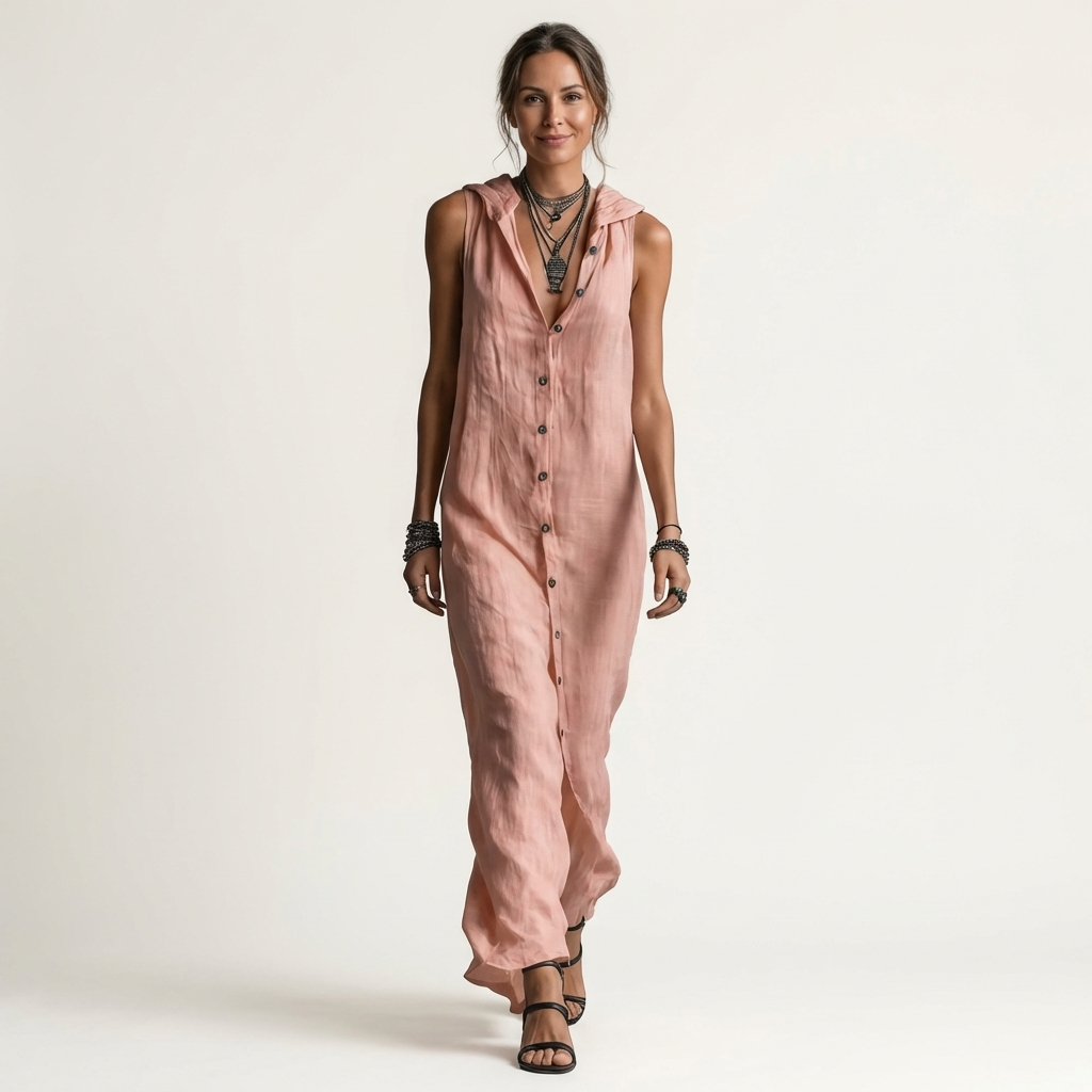 Mirabell | Vestido Maxi de Lino Sin Mangas con Botones y Capucha