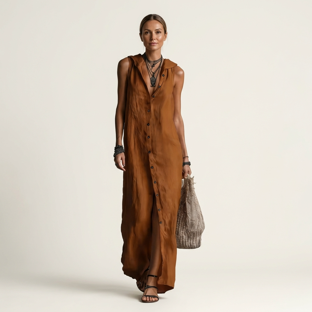 Mirabell | Vestido Maxi de Lino Sin Mangas con Botones y Capucha
