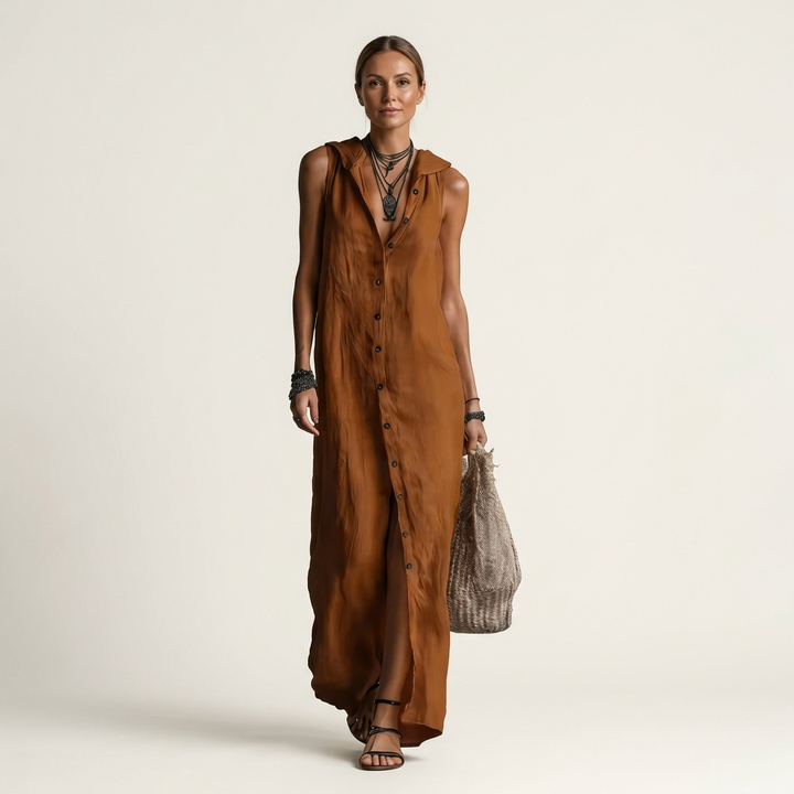 Mirabell | Vestido Maxi de Lino Sin Mangas con Botones y Capucha