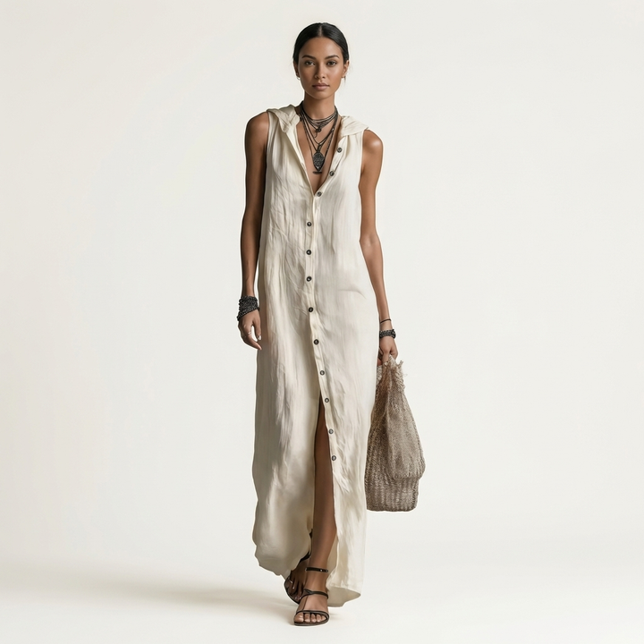 Mirabell | Vestido Maxi de Lino Sin Mangas con Botones y Capucha