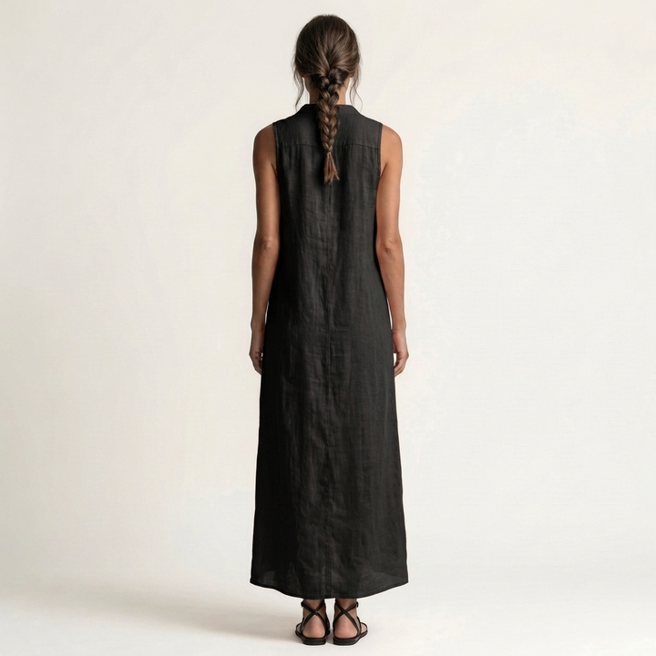 Mirabell | Vestido Maxi de Lino Sin Mangas con Botones y Capucha