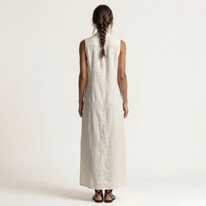 Mirabell | Vestido Maxi de Lino Sin Mangas con Botones y Capucha
