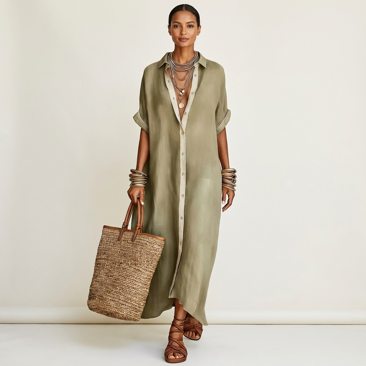 Kamira | Vestido Maxi de Camisa de Manga Corta con Botones y Cuello en Contraste