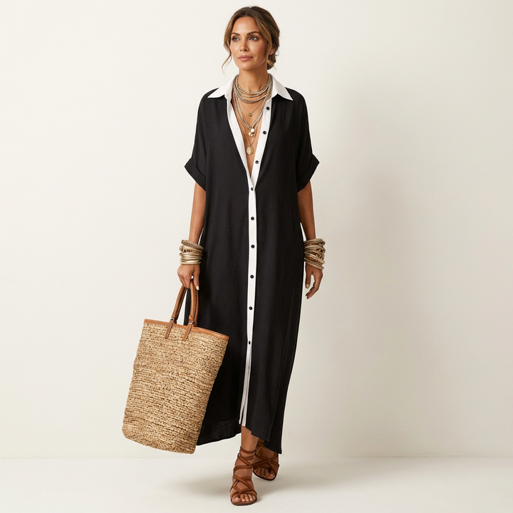 Kamira | Vestido Maxi de Camisa de Manga Corta con Botones y Cuello en Contraste