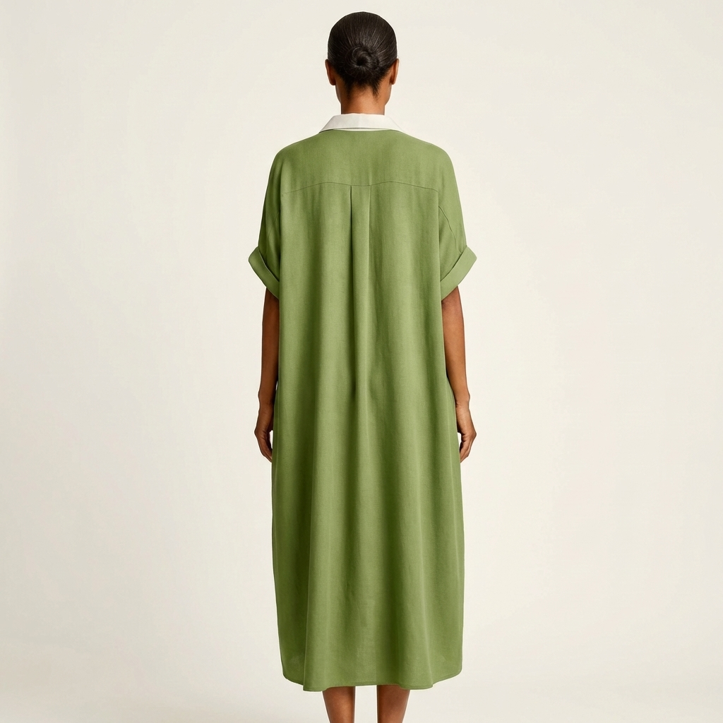 Kamira | Vestido Maxi de Camisa de Manga Corta con Botones y Cuello en Contraste