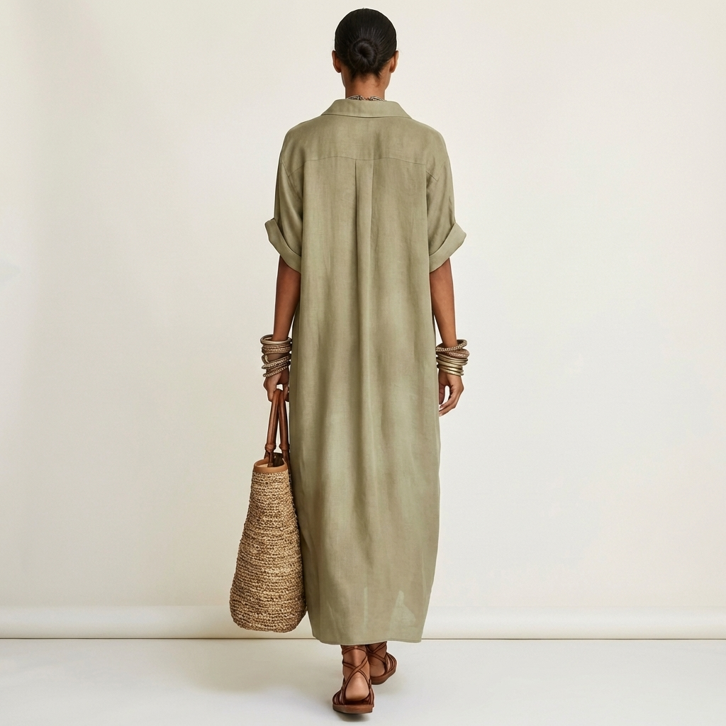 Kamira | Vestido Maxi de Camisa de Manga Corta con Botones y Cuello en Contraste