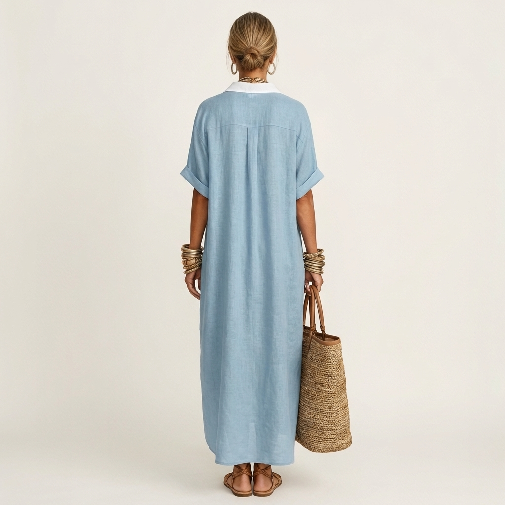 Kamira | Vestido Maxi de Camisa de Manga Corta con Botones y Cuello en Contraste