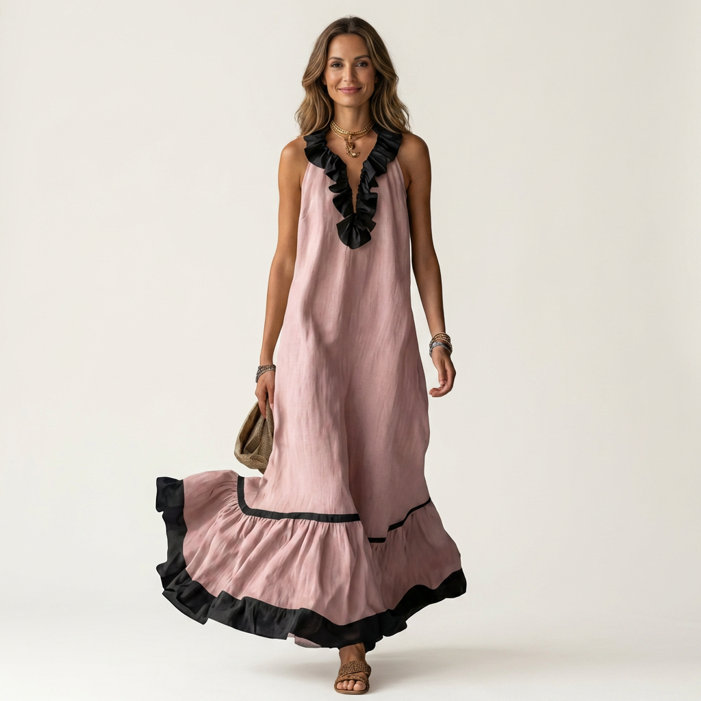 Mayline | Vestido Maxi Sin Mangas con Cuello Volante y Detalles en Contraste
