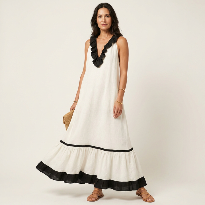 Mayline | Vestido Maxi Sin Mangas con Cuello Volante y Detalles en Contraste