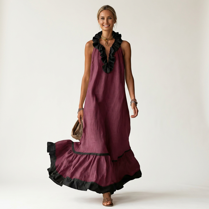 Mayline | Vestido Maxi Sin Mangas con Cuello Volante y Detalles en Contraste