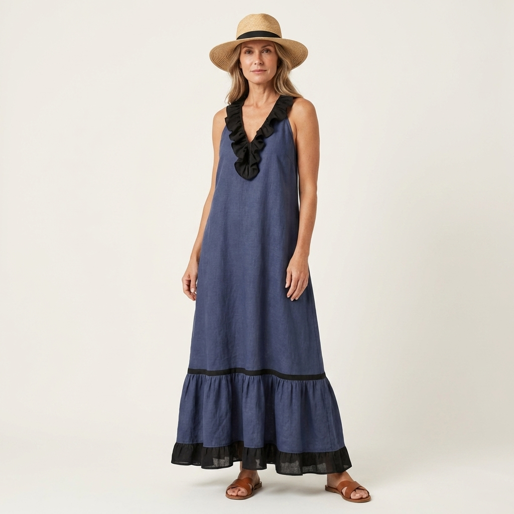 Mayline | Vestido Maxi Sin Mangas con Cuello Volante y Detalles en Contraste