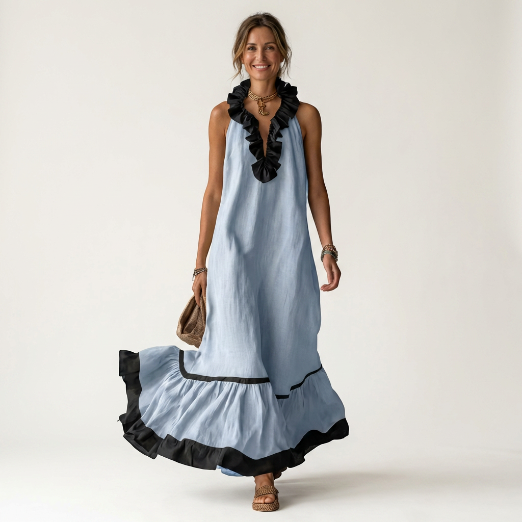 Mayline | Vestido Maxi Sin Mangas con Cuello Volante y Detalles en Contraste