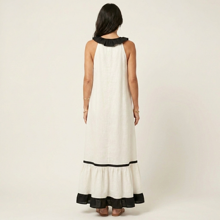 Mayline | Vestido Maxi Sin Mangas con Cuello Volante y Detalles en Contraste