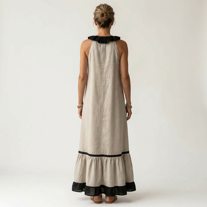 Mayline | Vestido Maxi Sin Mangas con Cuello Volante y Detalles en Contraste