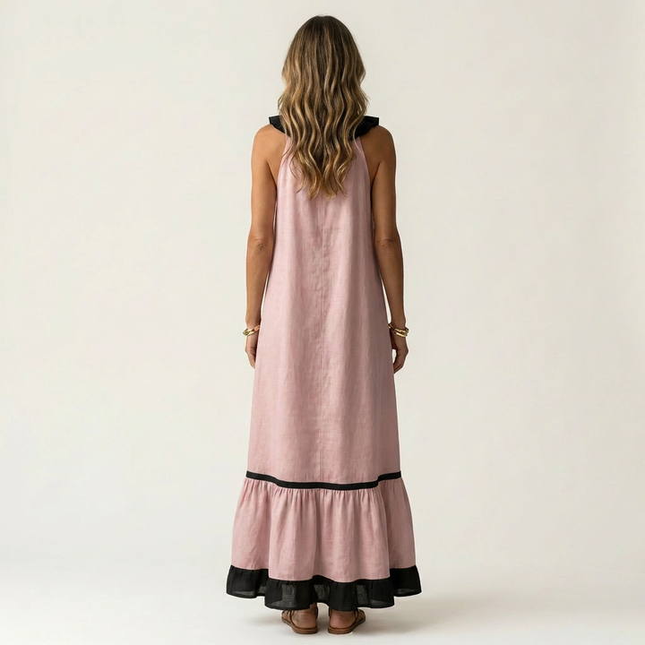 Mayline | Vestido Maxi Sin Mangas con Cuello Volante y Detalles en Contraste