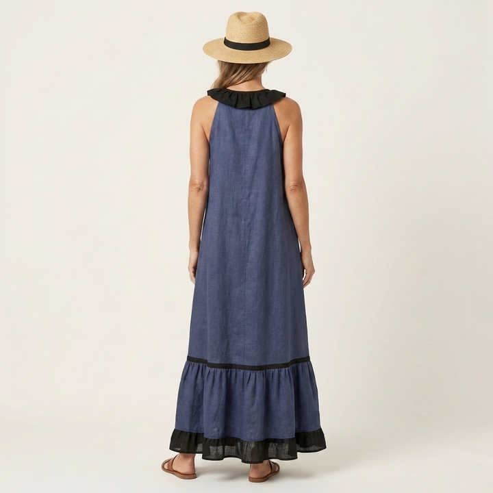 Mayline | Vestido Maxi Sin Mangas con Cuello Volante y Detalles en Contraste