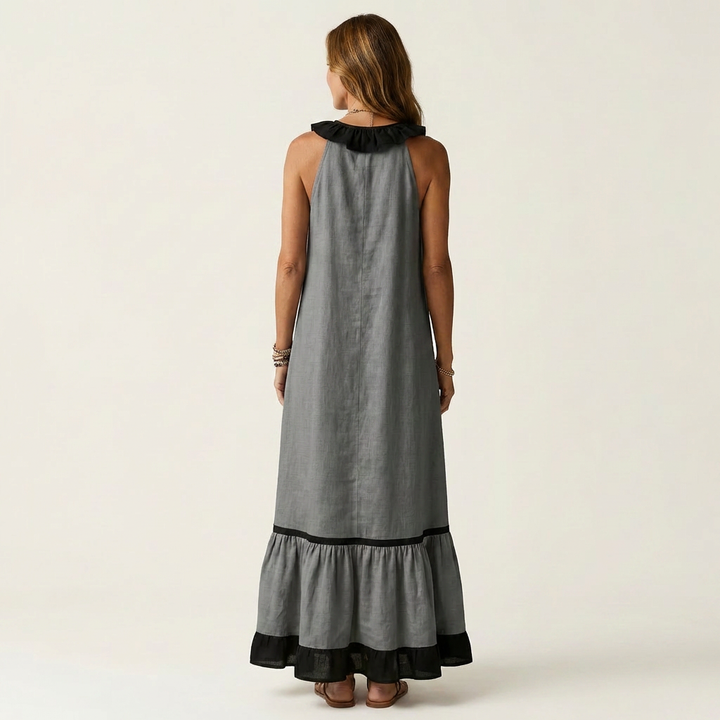 Mayline | Vestido Maxi Sin Mangas con Cuello Volante y Detalles en Contraste