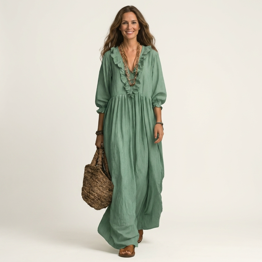 Yosetta | Vestido Maxi de Rayas con Volantes y Cuello en V