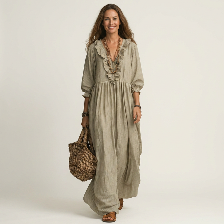 Yosetta | Vestido Maxi de Rayas con Volantes y Cuello en V