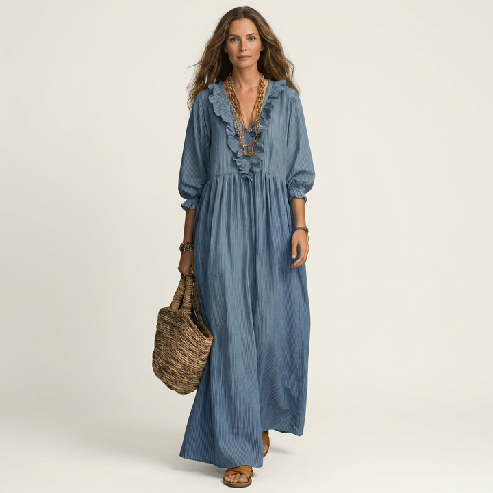 Yosetta | Vestido Maxi de Rayas con Volantes y Cuello en V