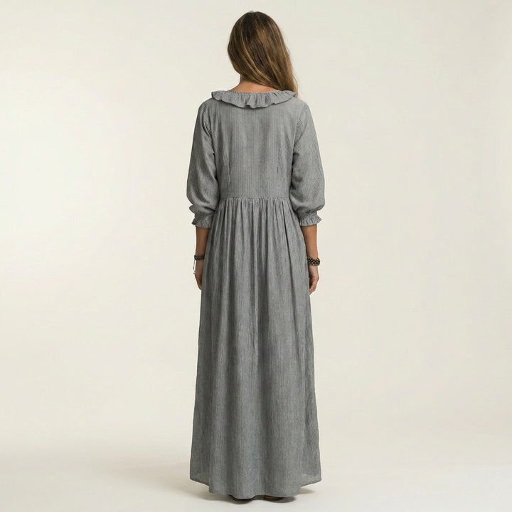 Yosetta | Vestido Maxi de Rayas con Volantes y Cuello en V