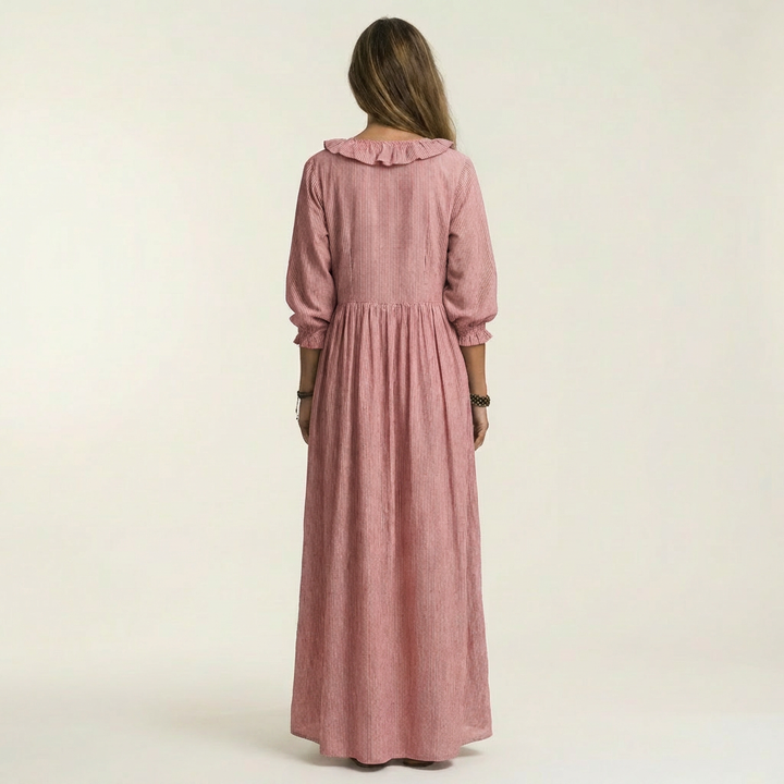 Yosetta | Vestido Maxi de Rayas con Volantes y Cuello en V