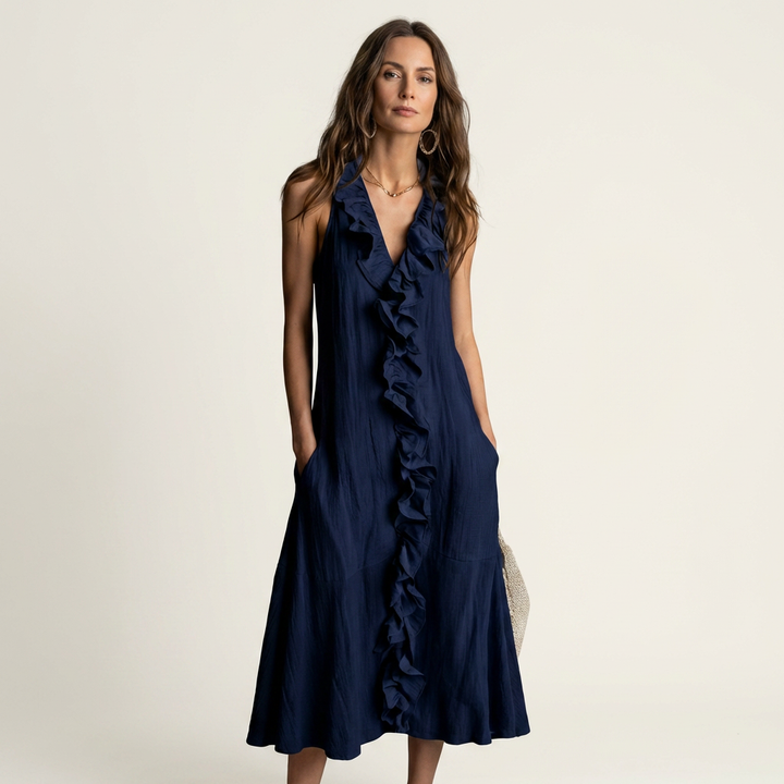 Vicky | Vestido Maxi de Lino Sin Mangas con Volante en el Escote en V