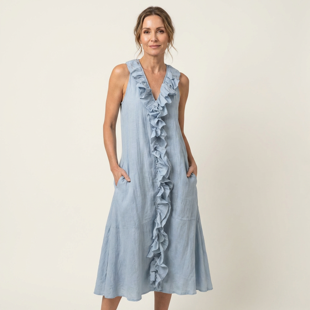Vicky | Vestido Maxi de Lino Sin Mangas con Volante en el Escote en V
