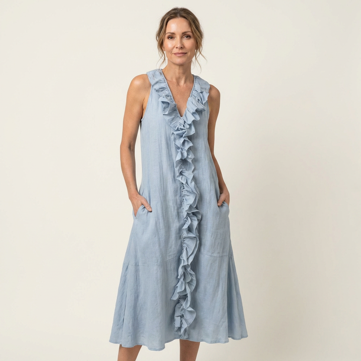 Vicky | Vestido Maxi de Lino Sin Mangas con Volante en el Escote en V
