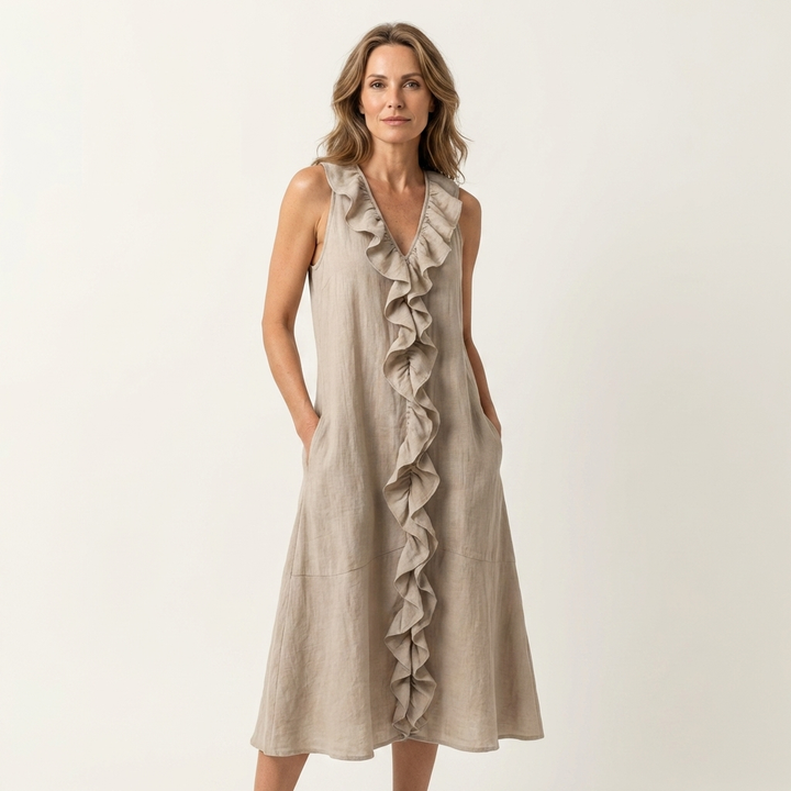 Vicky | Vestido Maxi de Lino Sin Mangas con Volante en el Escote en V
