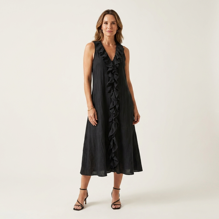 Vicky | Vestido Maxi de Lino Sin Mangas con Volante en el Escote en V