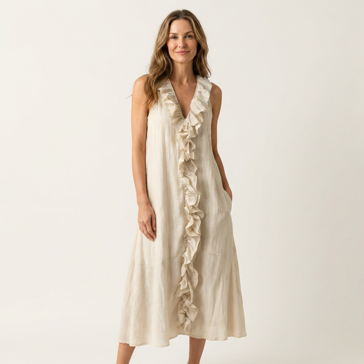Vicky | Vestido Maxi de Lino Sin Mangas con Volante en el Escote en V