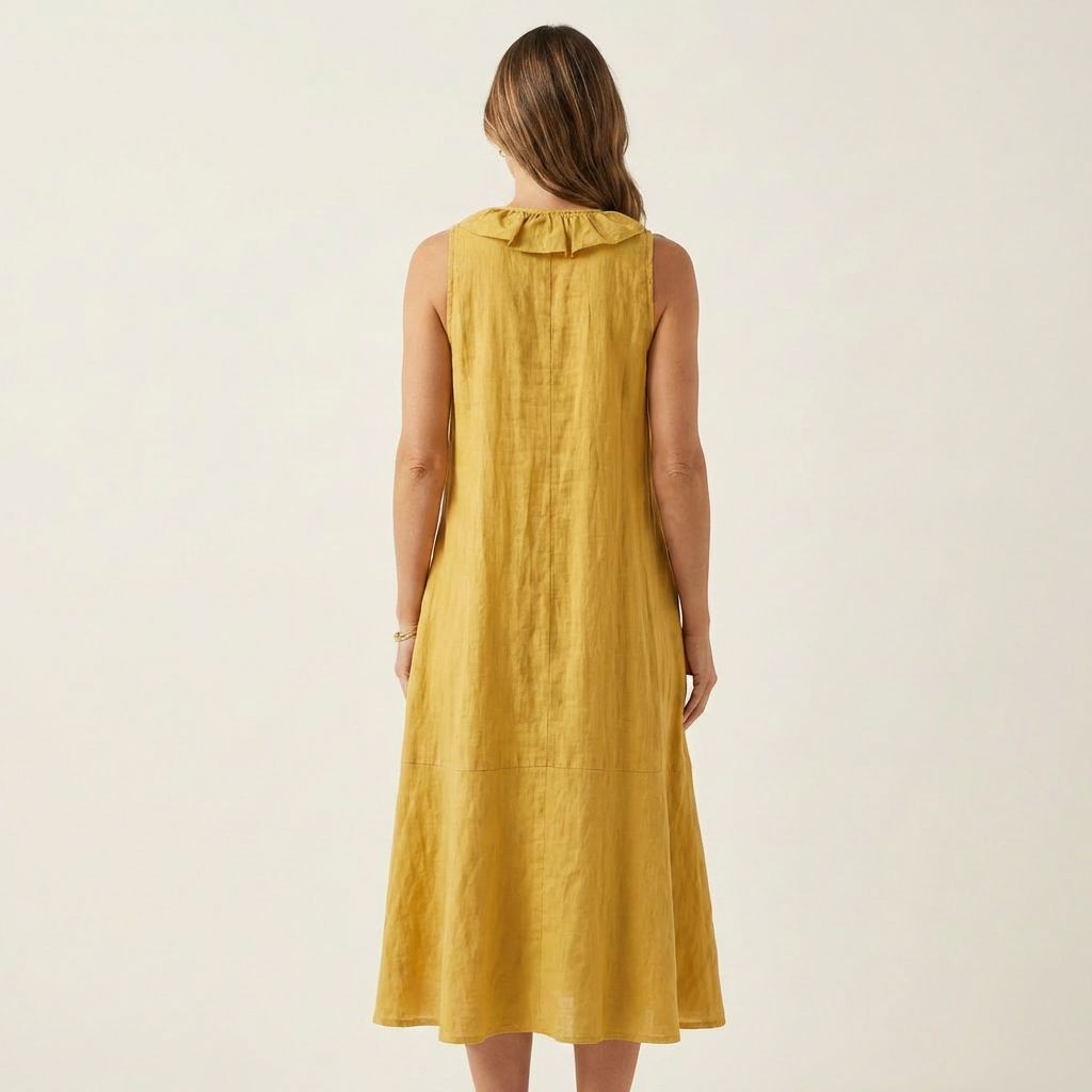 Vicky | Vestido Maxi de Lino Sin Mangas con Volante en el Escote en V