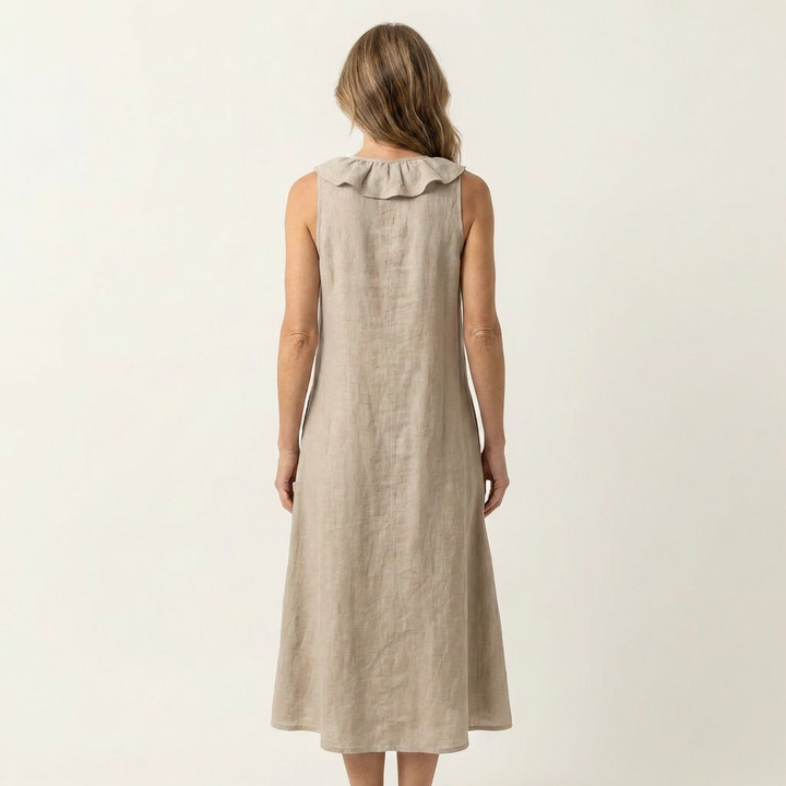 Vicky | Vestido Maxi de Lino Sin Mangas con Volante en el Escote en V