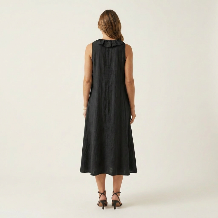 Vicky | Vestido Maxi de Lino Sin Mangas con Volante en el Escote en V
