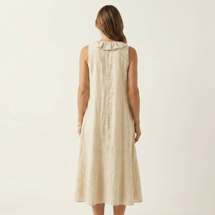 Vicky | Vestido Maxi de Lino Sin Mangas con Volante en el Escote en V
