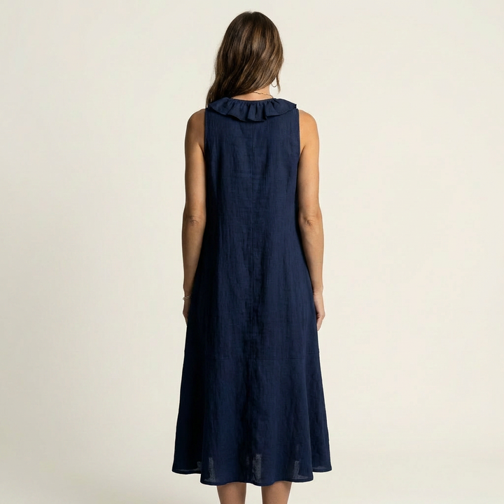 Vicky | Vestido Maxi de Lino Sin Mangas con Volante en el Escote en V